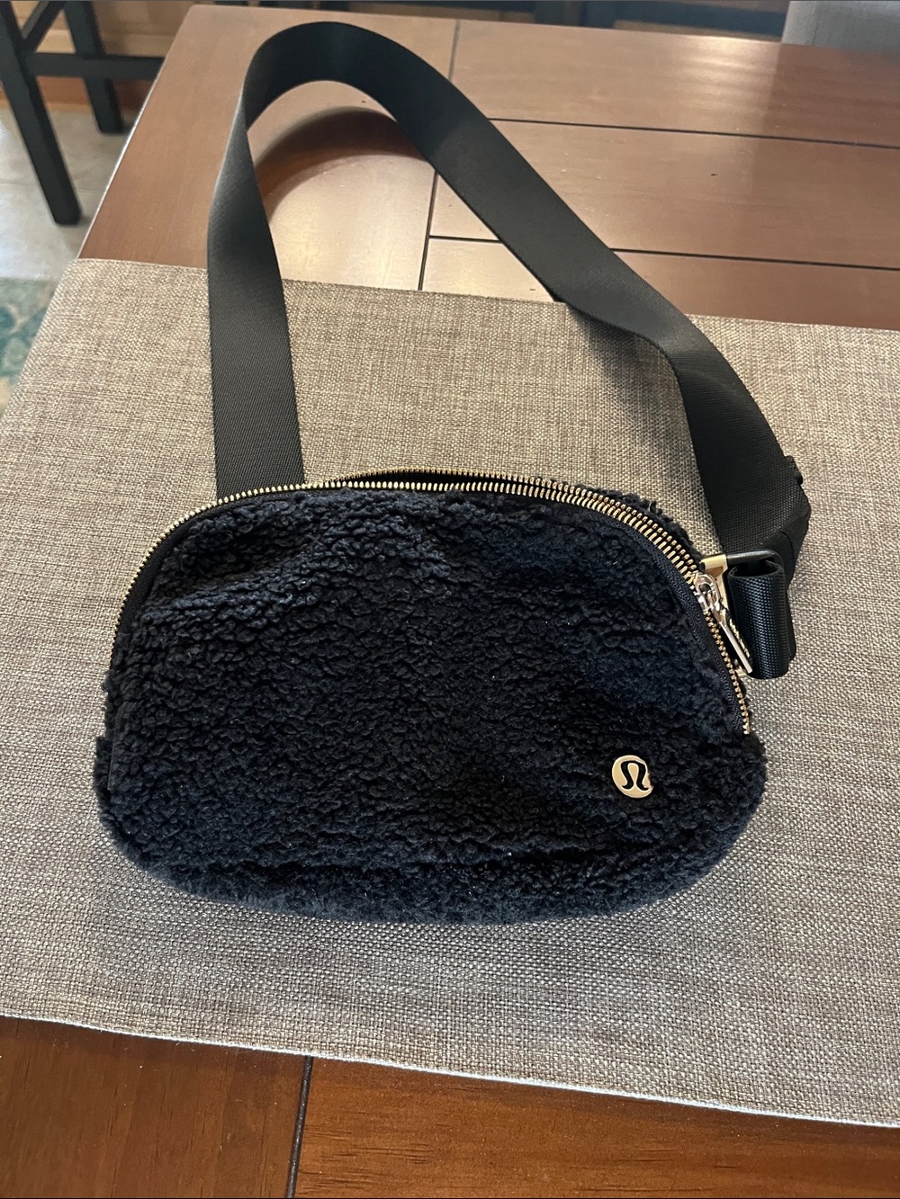 lululemon athletica Black Sherpa Crossbody Pouch with Gold Accent